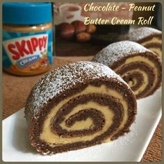 chocolate peanut butter cream roll on a white plate