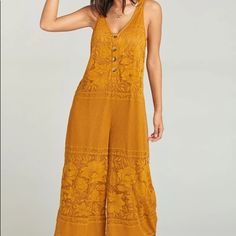 Show Me Your Mumu Goulding Jumpsuit ~ Moonlight Roses Lace Marigold-Medium - New With Tags. Floral Lace Detail. Also Has A Crochet Texture And Buttons Down The Top. Sleeveless Gold Jumpsuits And Rompers For Summer, Gold Jumpsuits And Rompers For Spring, Mustard Jumpsuits And Rompers For Summer, Gold Fitted Jumpsuits And Rompers For Summer, Fitted Gold Jumpsuits And Rompers For Summer, Sleeveless Gold Jumpsuits For Spring, Bridal Romper, Tropical Romper, Oversized Jumpsuit