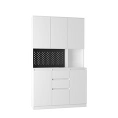 a white cabinet with drawers and a microwave oven on the top, against a white background