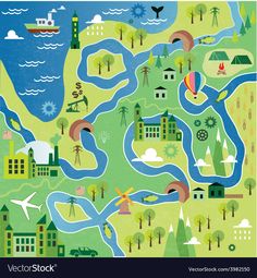 an illustrated map of a town and river