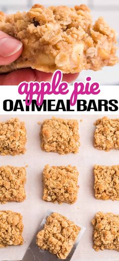 apple pie oatmeal bars on a baking sheet with the title above it