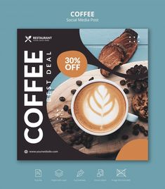 a coffee flyer is shown on a blue background