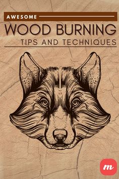 wood burning tips and techniques book cover with an image of a wolf's head