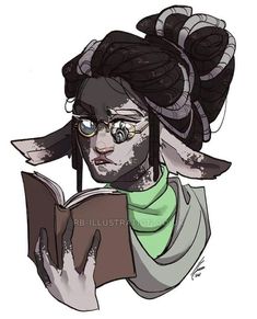 a drawing of a woman wearing glasses and holding a book in her right hand, while she