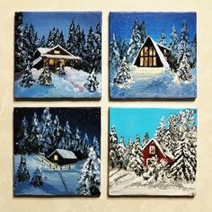 four paintings of snow covered houses and trees