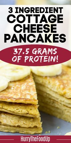 three ingredient cottage cheese pancakes stacked on top of each other with text overlay reading 3 ingredients to make cottage cheese pancakes