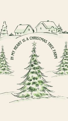 a christmas card with trees in the snow and houses behind it, which says what is a christmas tree?