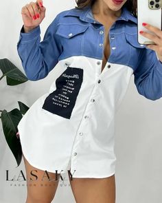 Lasaky - Stylish Denim-Inspired Patchwork Button-Up Shirt Dress Denim And White Outfit, Printed Shirts For Women, Clothing Apps, Button Shirt Dress, Denim Print, Buttoned Shirt, Patchwork Shirt, Ladies Blouse, Text Print