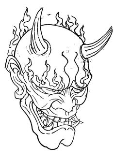 a black and white drawing of a demon's head with flames coming out of it