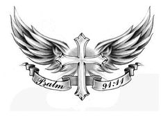 a cross with wings and ribbon tattoo design