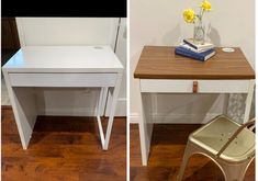 two different views of a white desk with books on it and a chair next to it