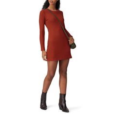 Red knit (95% Tencel, 5% Spandex). Sheath. Long sleeves. Crew neckline. 33" from shoulder to hemline. Made in the Usa. Rent The Runway, Closet Designs, Made In The Usa, Crew Neckline, Dress Length, Red Dress, Sweater Dress, Long Sleeves, Spandex