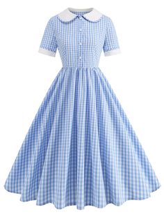 30-70% OFF✓ Fast Shipping✓Add vintage charm with Retro Stage’s Blue 1950s Peter Pan Collar Gingham Plaid Dress. A timeless piece for classic style enthusiasts! Robes Vintage, Pin Up Dresses, Cotton Dress Summer, Trapeze Dress, Rockabilly Dress, Vintage Plaid, 1950s Fashion, Dress Robes, Pan Collar