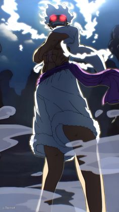 an anime character is standing in the snow