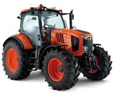 an orange tractor with big tires on a white background