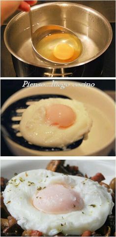 there are three different pictures of food in the same pan and one has an egg on it