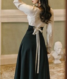 2-Piece Light Academia Winter Set Plus Size Light Acadamia, Light Acadamia Dress, Feminine Fitted Skirt, Light Acedamia Dress, Light Acadamia Skirts, Chic Fall Skirt With Tie Waist, Elegant Winter Dress With Flared Skirt, Elegant Knee-length Skirt With Tie Waist, With Skirts