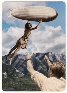 a man holding up a child in the air with an airplane above him and mountains in the background