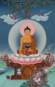 an image of buddha sitting in the middle of a tree with other people around it