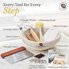 the contents of a kitchen tool set in a bowl on a counter top with instructions to use it