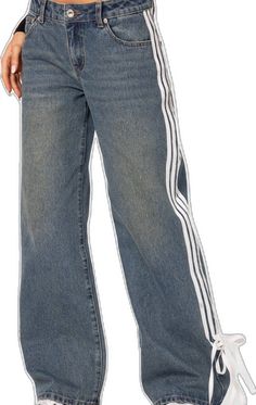 Ribbon Jeans, Low Rise Wide Leg Jeans, Striped Ribbon, Side Stripe, Baggy Fits, Denim Fabric, S Models, Denim Wash, Wide Leg Jeans