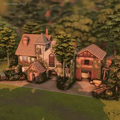 this is an aerial view of a house in the woods with trees and bushes surrounding it