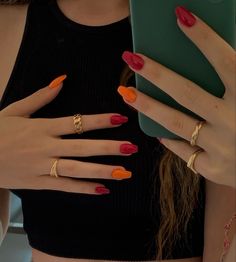 Two Color Nails, Color Nails, Soft Nails, Orange Nails, Minimalist Nails, Fire Nails, Coffin Nails Designs, Dream Nails, Funky Nails