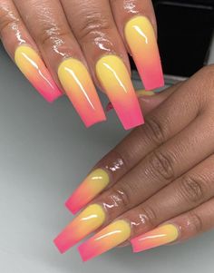 Yellow Ombre Nails, Pink Ombre Nails, Colorful Nail Art, Yellow Ombre, Fancy Nails Designs, Nail Candy, Creative Nail Designs, Pretty Nail Art Designs, Long Acrylic Nails Coffin