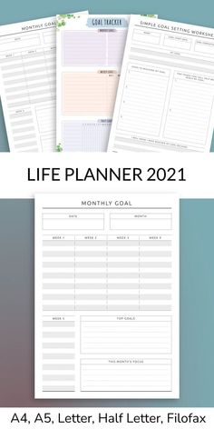 the printable life planner is shown in three different colors and sizes, with text overlay