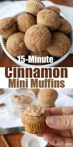 cinnamon mini muffins with frosting in a white bowl