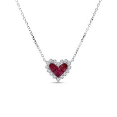 18K White Gold Ruby and Diamond Heart Necklace Red Heart Cut Diamond Necklace, Red Heart-shaped Diamond Necklace, Valentine's Day Diamond Pendant Necklace With 17 Jewels, Red Heart Cut Necklace For Formal Occasions, Formal Heart Pendant Necklace In Fine Jewelry Style, Formal Fine Jewelry Heart Pendant Necklace, Formal Heart Pendant Necklace For Valentine's Day, Formal Heart Charm Necklaces For Valentine's Day, Heart Charm Necklaces For Valentine's Day Formal