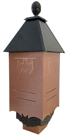 a brown mailbox with writing on it and a black top hat atop the post