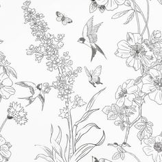 a black and white drawing of flowers and birds