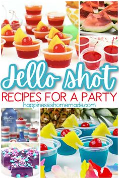 a collage of photos with the words hello shot recipes for a party