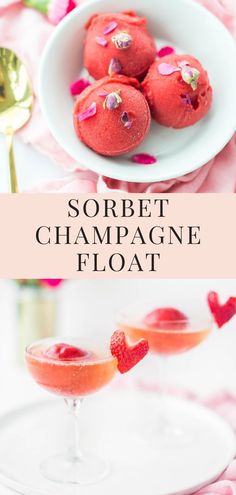 sorbet champagne float with strawberries on the rim and pink flowers in the background