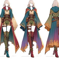 three different views of the costume for an animated video game, including one with long hair and