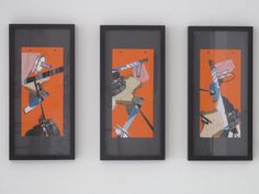 three framed pictures hanging on the wall in front of each other, one with an orange background