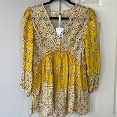 Nwt Rose & Olive Sunny Yellow Boho Blouse. Perfect For Summer! Floral Peasant Top, Olive Top, Olive Shirt, Asymmetrical Hem Top, Coral Blouse, Orange Blouse, Boho Blouse, Pleated Blouse, Sunny Yellow