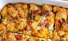 a casserole dish with meat, cheese and vegetables