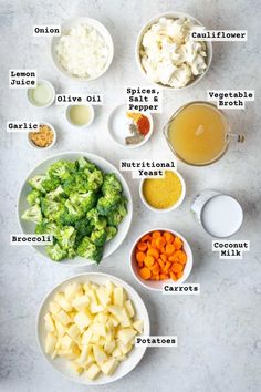 the ingredients needed to make broccoli and cauliflower soup