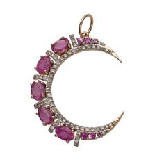 Pink Sapphire & Diamond 14K Yellow Gold Crescent Pendant Pink Oval Jewelry With Single Cut Diamonds, Oval Pink Jewelry With Single Cut Diamonds, Pink Round Moon Charm Jewelry, Pink Moon Charm Jewelry, Estate Engagement Ring, Gemstone Rings Vintage, Vintage Inspired Rings, Edwardian Jewelry, Antique Wedding Rings