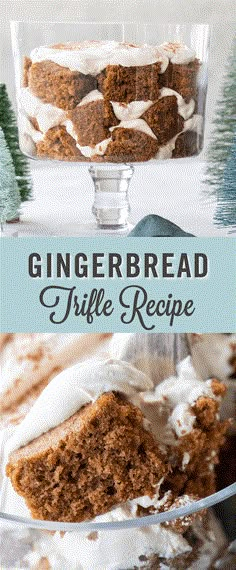 gingerbread trifle recipe with white frosting in a glass dish on a table