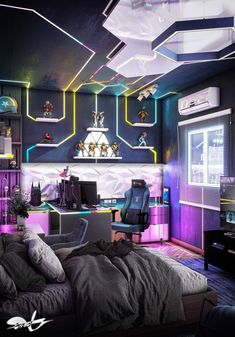 a bedroom decorated in black and purple with neon lights