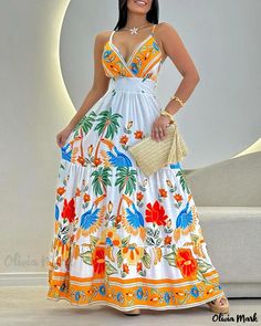 Olivia Mark - Exquisite V-Neck Maxi Dress with Tropical Print and Striped Ruching Chubby Baddie, Vacation Clothing, High Waist Maxi Dress, Outfits Vacation, Outfits Everyday, Long Formal Gowns, Flowy Design, Fashion Goals, Cold Spring