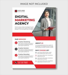 a red and black business flyer template with an image of a woman holding a folder