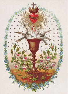 a cross and two doves on top of a vase with flowers in the middle