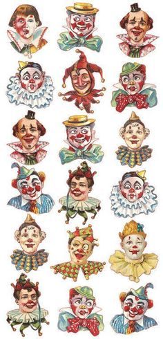 an image of clowns with different facial expressions on their face and body, all in various