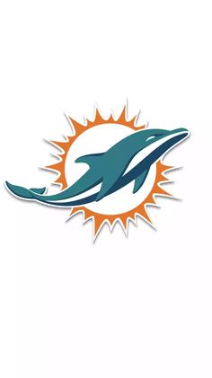 the miami dolphins logo is shown on a white background with an orange and blue sun behind it