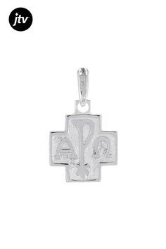 Rhodium over 10k white gold alpha and omega cross pendant. Measures approximately 3/4"L x 7/16"W. White Gold Cross Charms For Anniversary, White Gold Polished Cross Charms, Silver Cross Pendant Jewelry For First Communion, Silver Pendant For First Communion, Silver Pendant Jewelry For First Communion, Hallmarked White Gold Cross Pendant, Hallmarked White Gold Cross Jewelry And Charms, Alpha And Omega, Cross Pendant