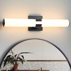 a bathroom light that is mounted on the wall next to a mirror and potted plant